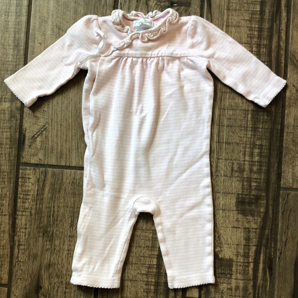 Ralph Lauren pink and white stripe outfit with floral collar.